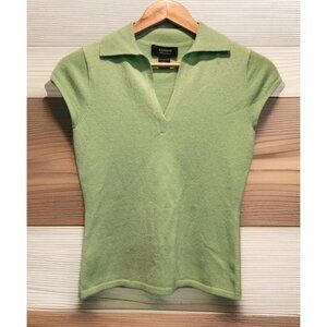 100% Cashmere Cap Sleeve V Neck Collared Cropped Sweater Lime Green Sz S